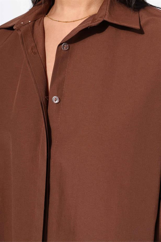 Women's Hidden Button Shirt Brown - STREETMODE ™