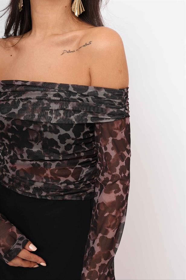 Women's Boat Neck Leopard Pattern Blouse - STREETMODE ™