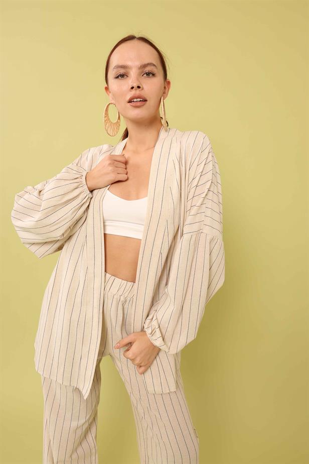 Women's Belted Striped Linen Kimono Beige - STREETMODE ™