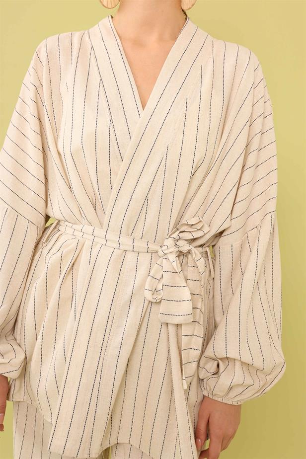 Women's Belted Striped Linen Kimono Beige - STREETMODE ™