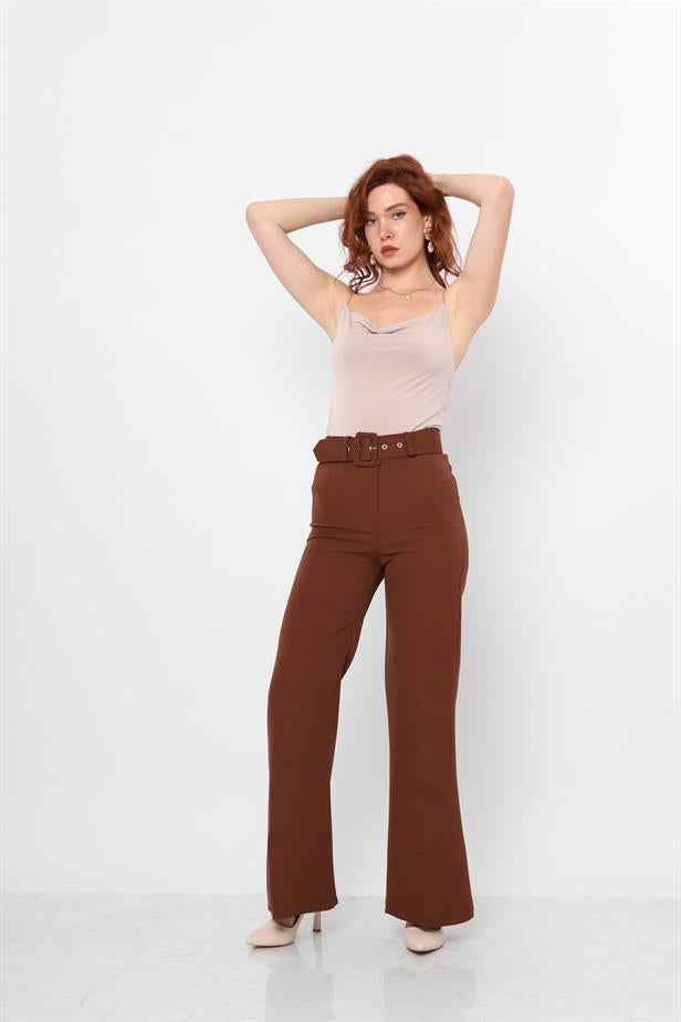 Brown Belted Flare Trousers