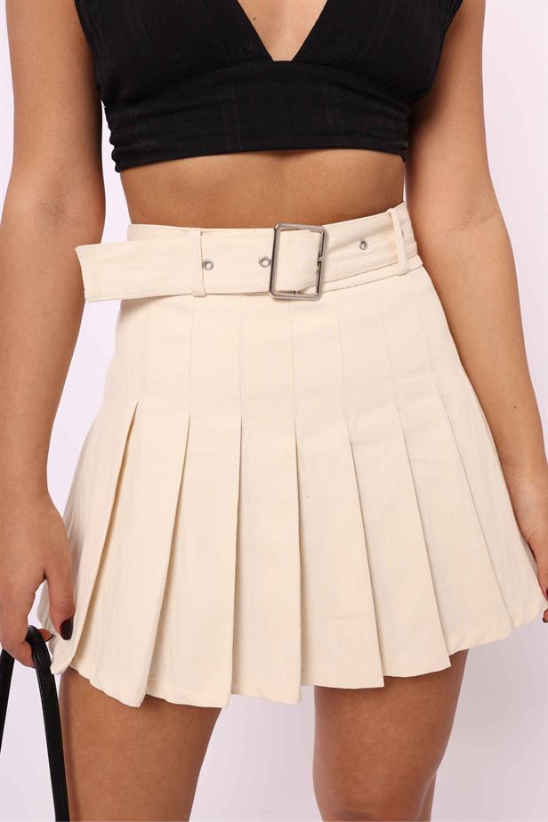 Women's Belted Pleated Skirt Cream - STREETMODE ™
