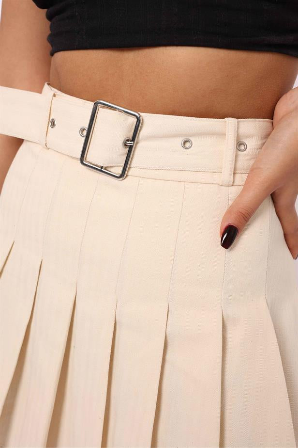 Women's Belted Pleated Skirt Cream - STREETMODE ™