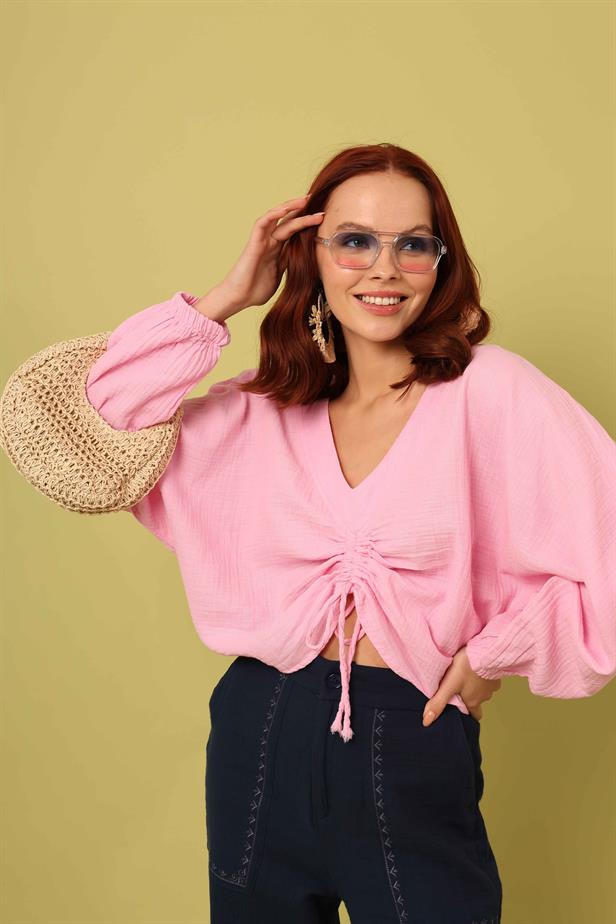 Women's Front Gathered Blouse Pink - STREETMODE ™