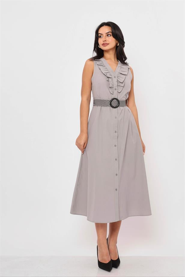 Women's Front Ruffle Belted Dress Gray - STREETMODE ™