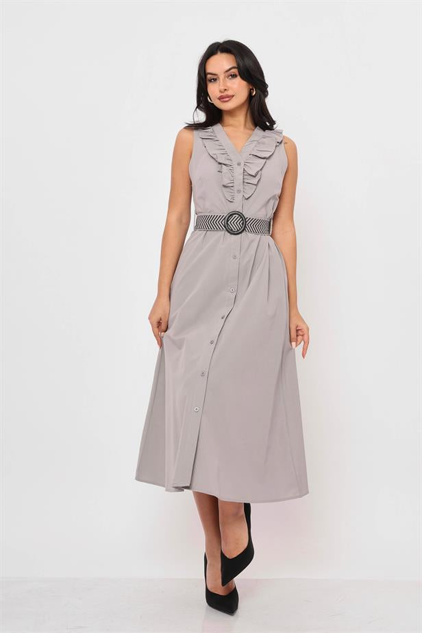 Women's Front Ruffle Belted Dress Gray - STREETMODE ™