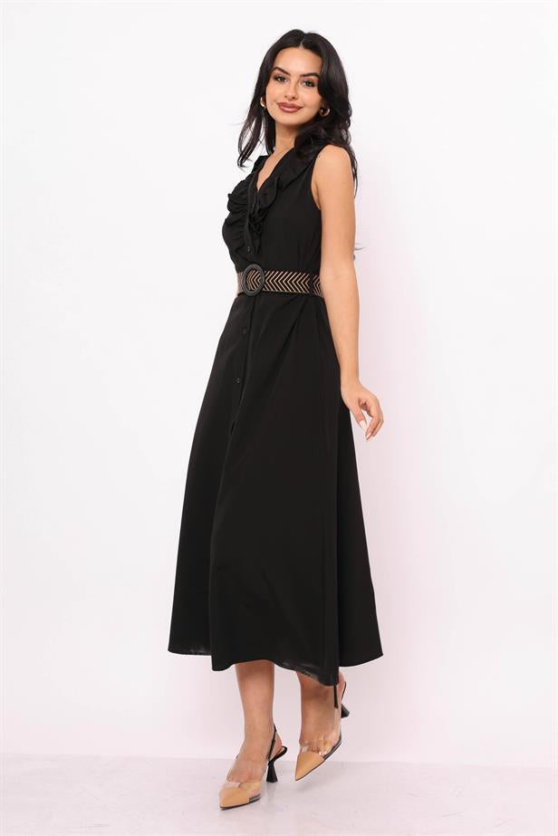 Women's Front Ruffle Belted Dress Black - STREETMODE ™