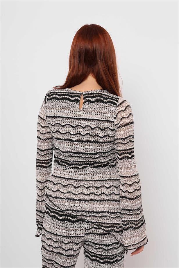 Women's Knitted Line Pattern Asymmetrical Blouse Black Gray - STREETMODE ™