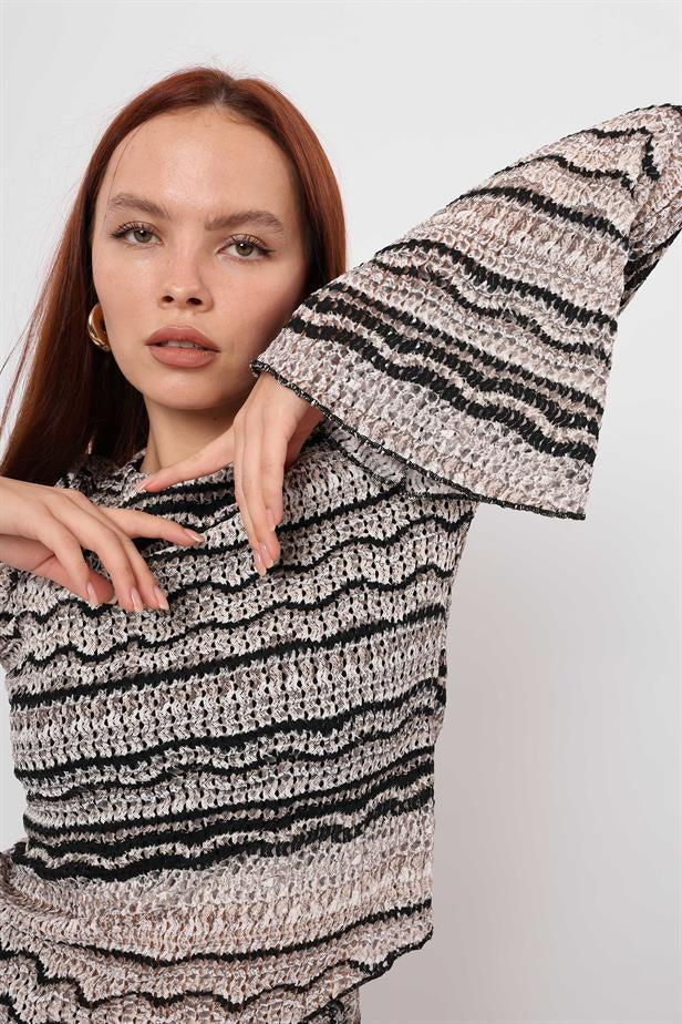 Women's Knitted Line Pattern Asymmetrical Blouse Black Gray - STREETMODE ™