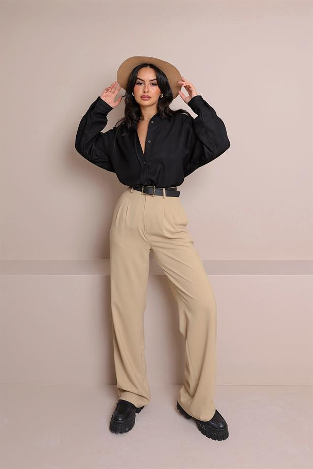Women's Pleated Palazzo Trousers Beige - STREETMODE ™