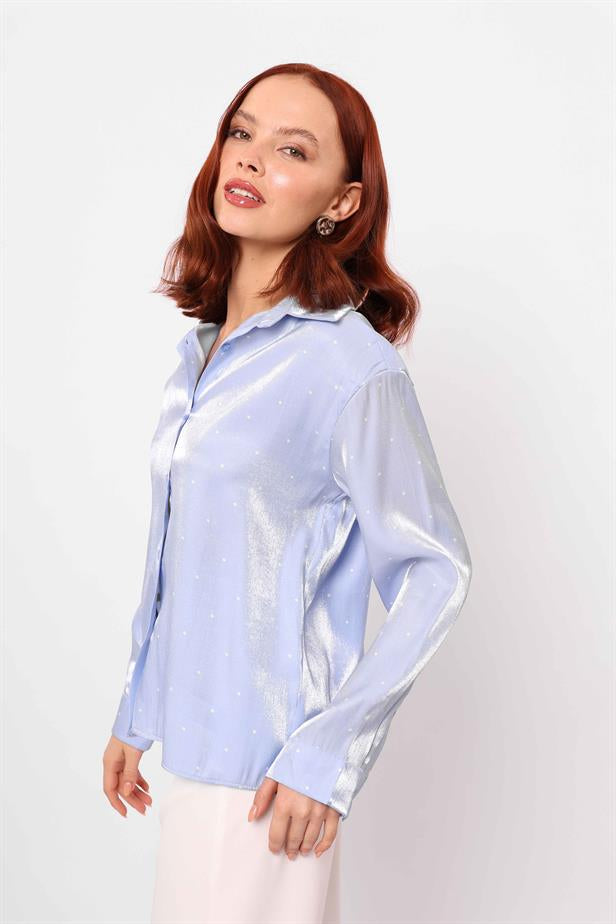 Women's Satin Polka Dot Shirt Blue White - STREETMODE ™