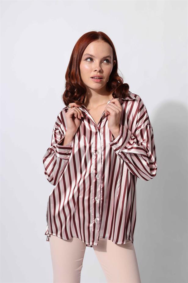 Women's Satin Striped Shirt Brown - STREETMODE ™