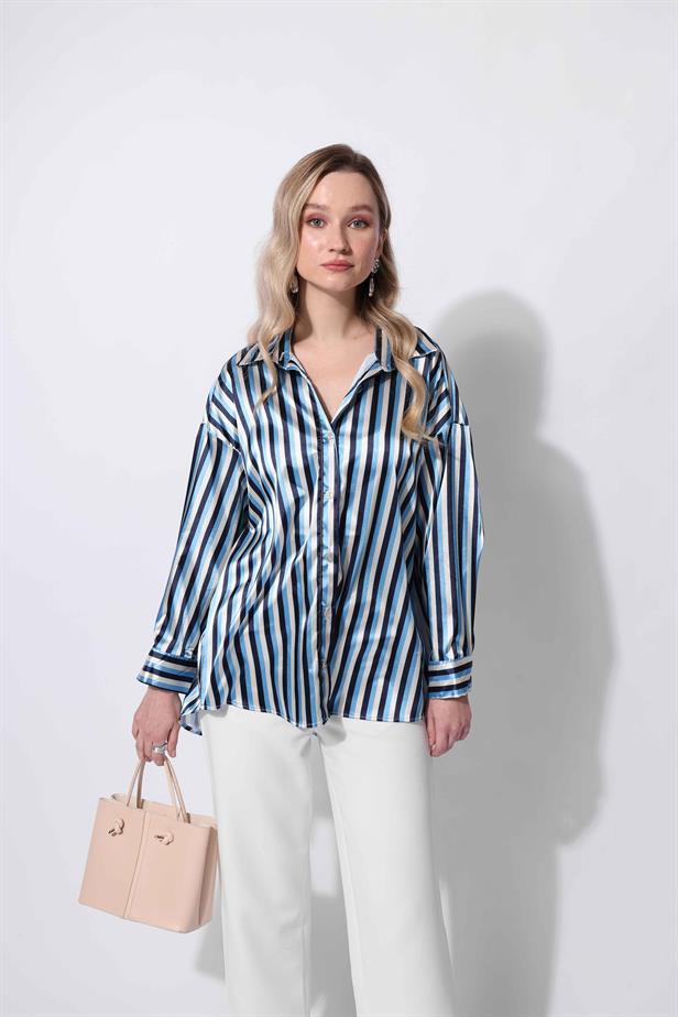 Women's Satin Striped Shirt Blue - STREETMODE ™
