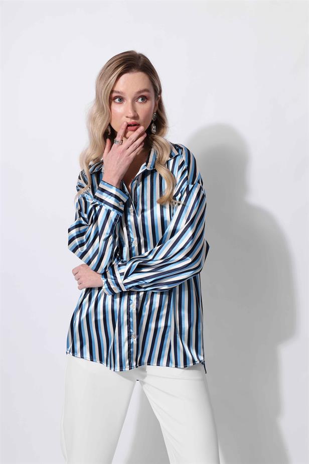 Women's Satin Striped Shirt Blue - STREETMODE ™