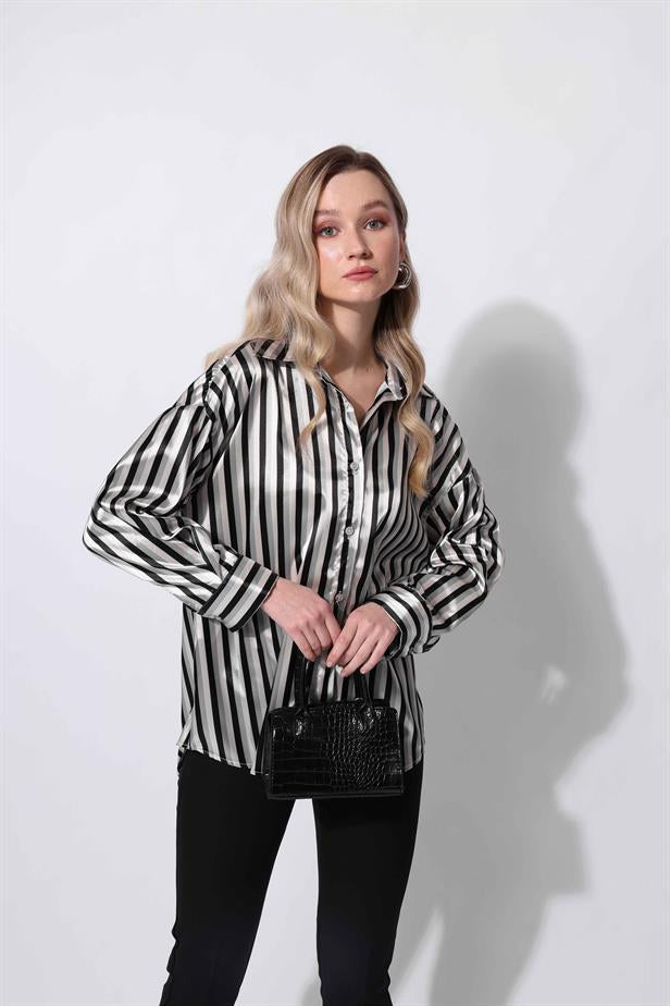 Women's Satin Striped Shirt Black