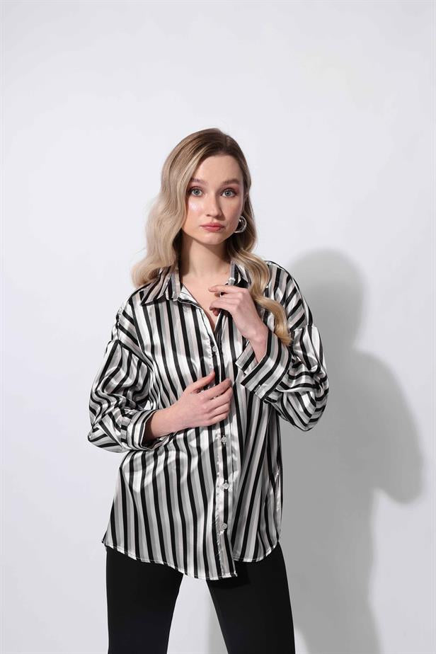 Women's Satin Striped Shirt Black - STREETMODE ™