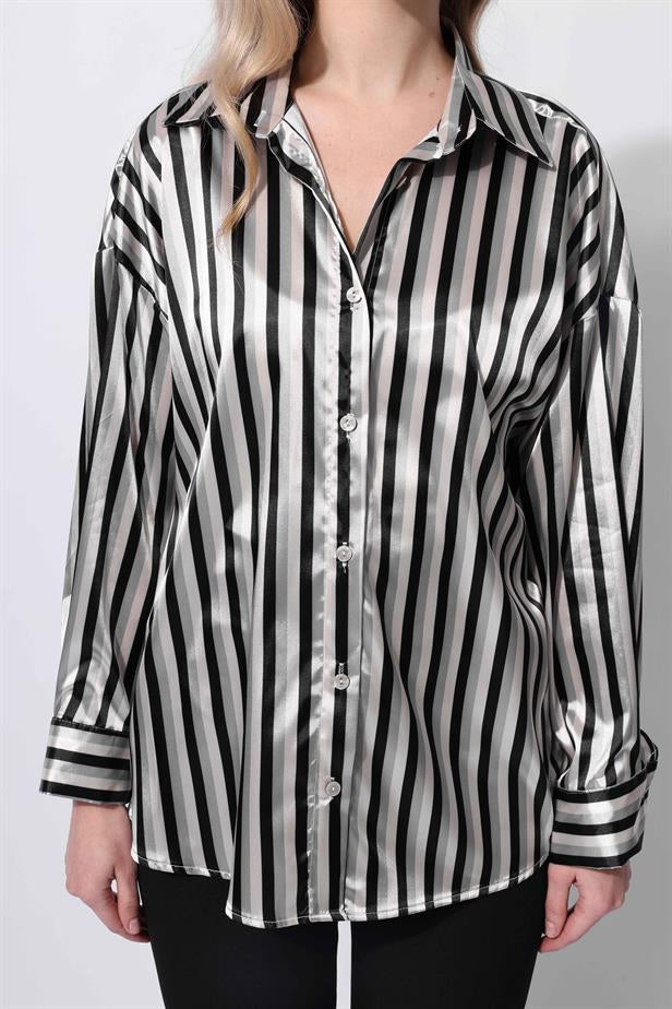 Women's Satin Striped Shirt Black - STREETMODE ™