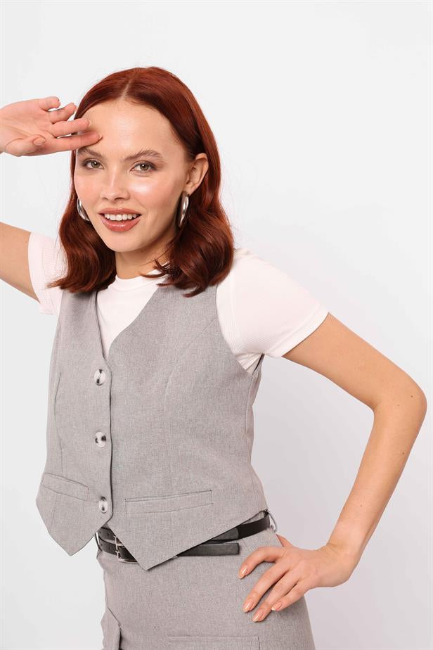 Women's Decorative Pocket Vest Gray - STREETMODE ™