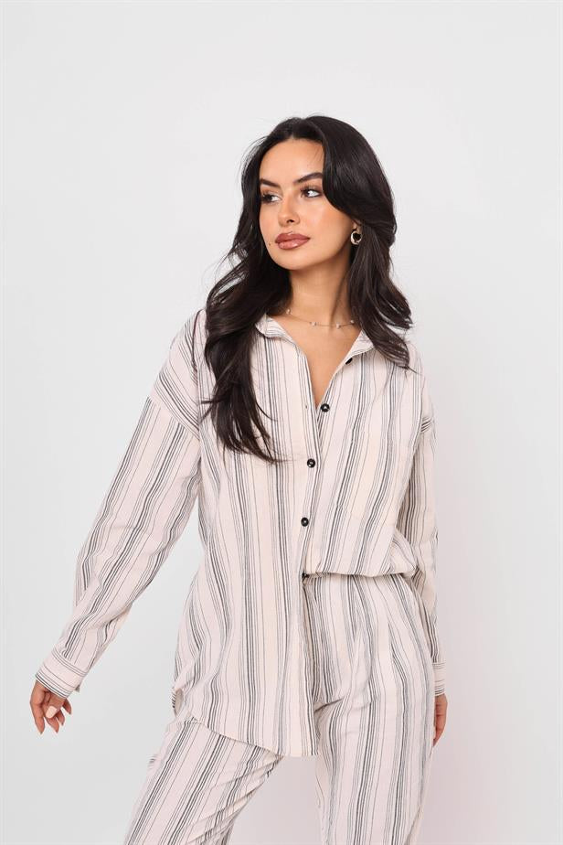 Women's Single Pocket Striped Shirt Stone - STREETMODE ™