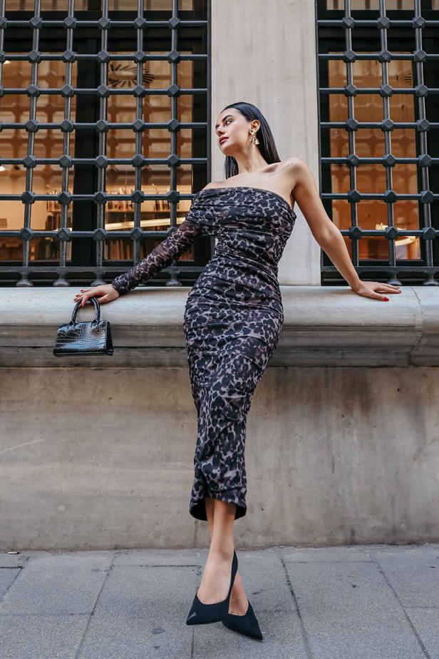 Women's One Sleeve Detailed Dress Leopard Pattern - STREETMODE ™