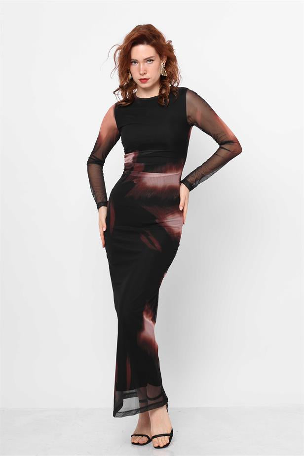 Women's Transparent Sleeve Dress Batik Pattern - STREETMODE ™