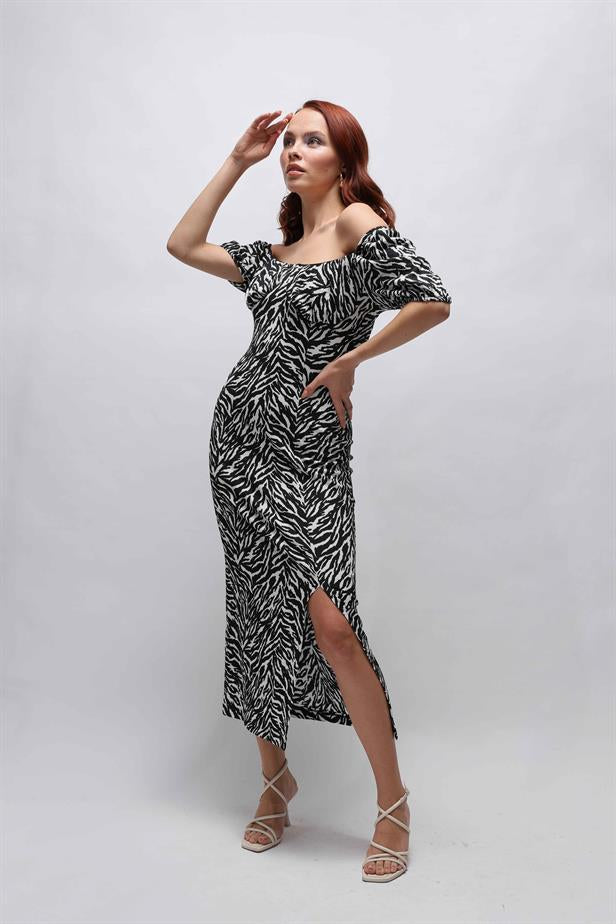 Women's Slit Zebra Pattern Dress Black - STREETMODE ™