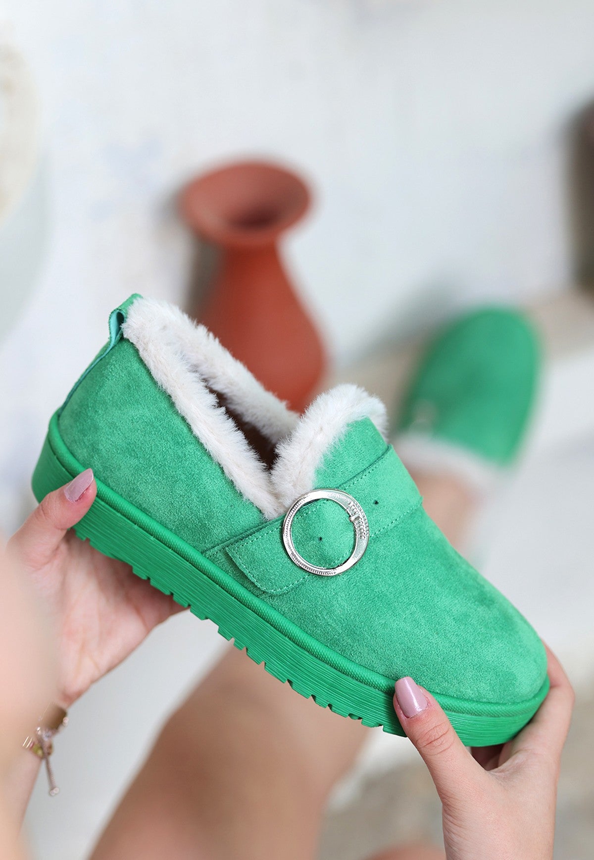 Women's Tote Green Suede Ballerina Shoes - STREETMODE ™
