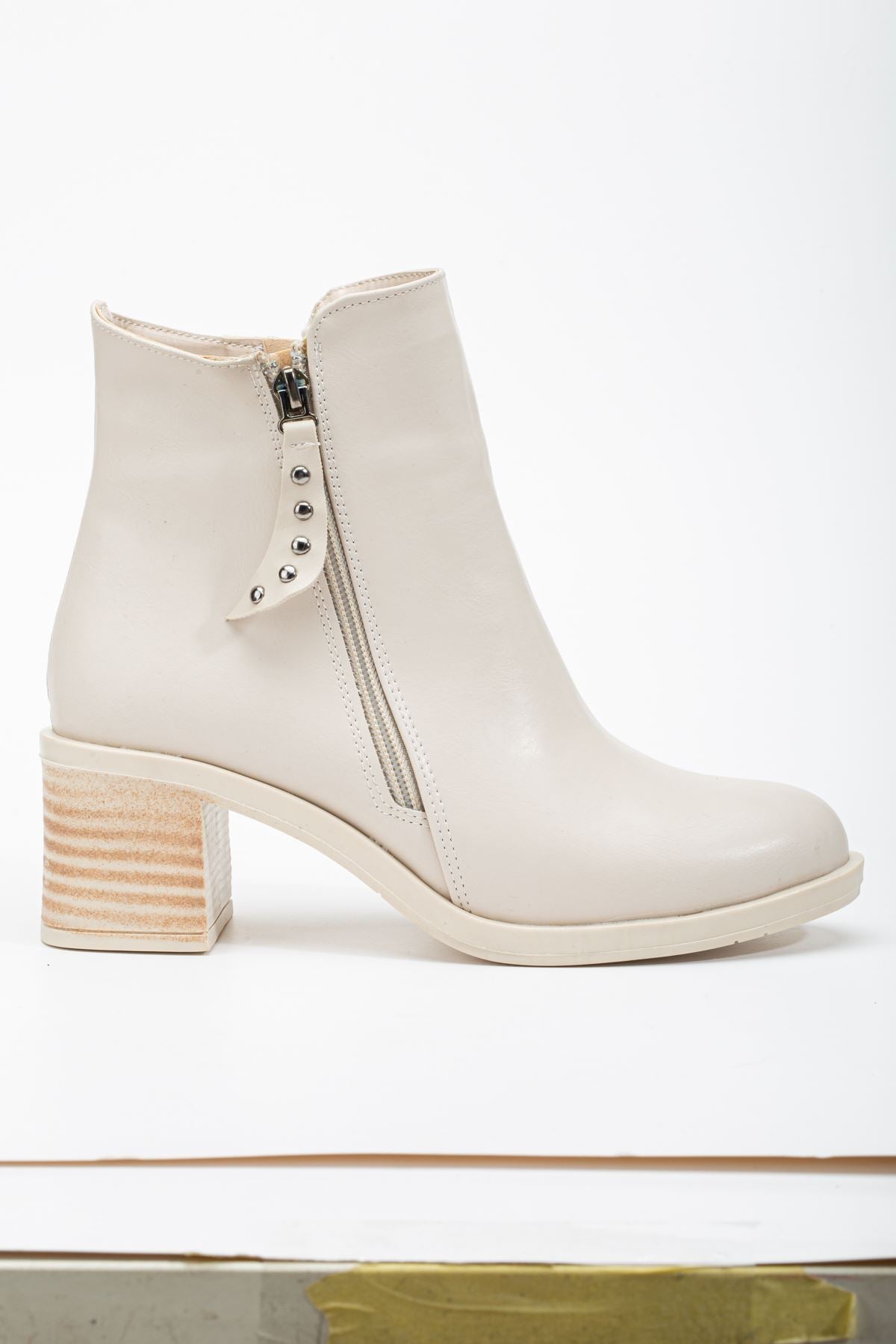 Beige Heeled Double Zipper Women's Boots