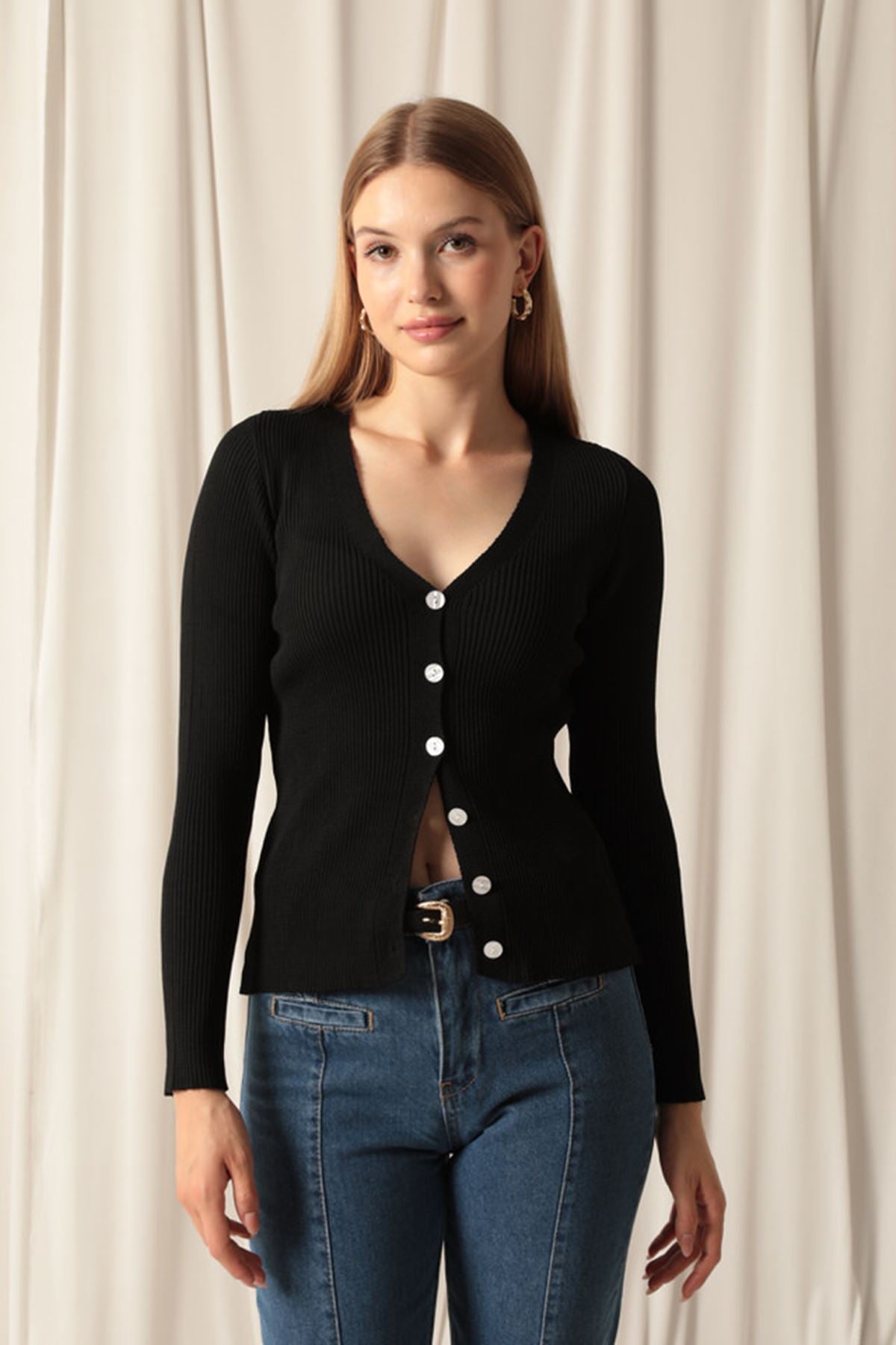 Knitwear Fabric Buttoned Women's Black Cardigan - STREETMODE ™