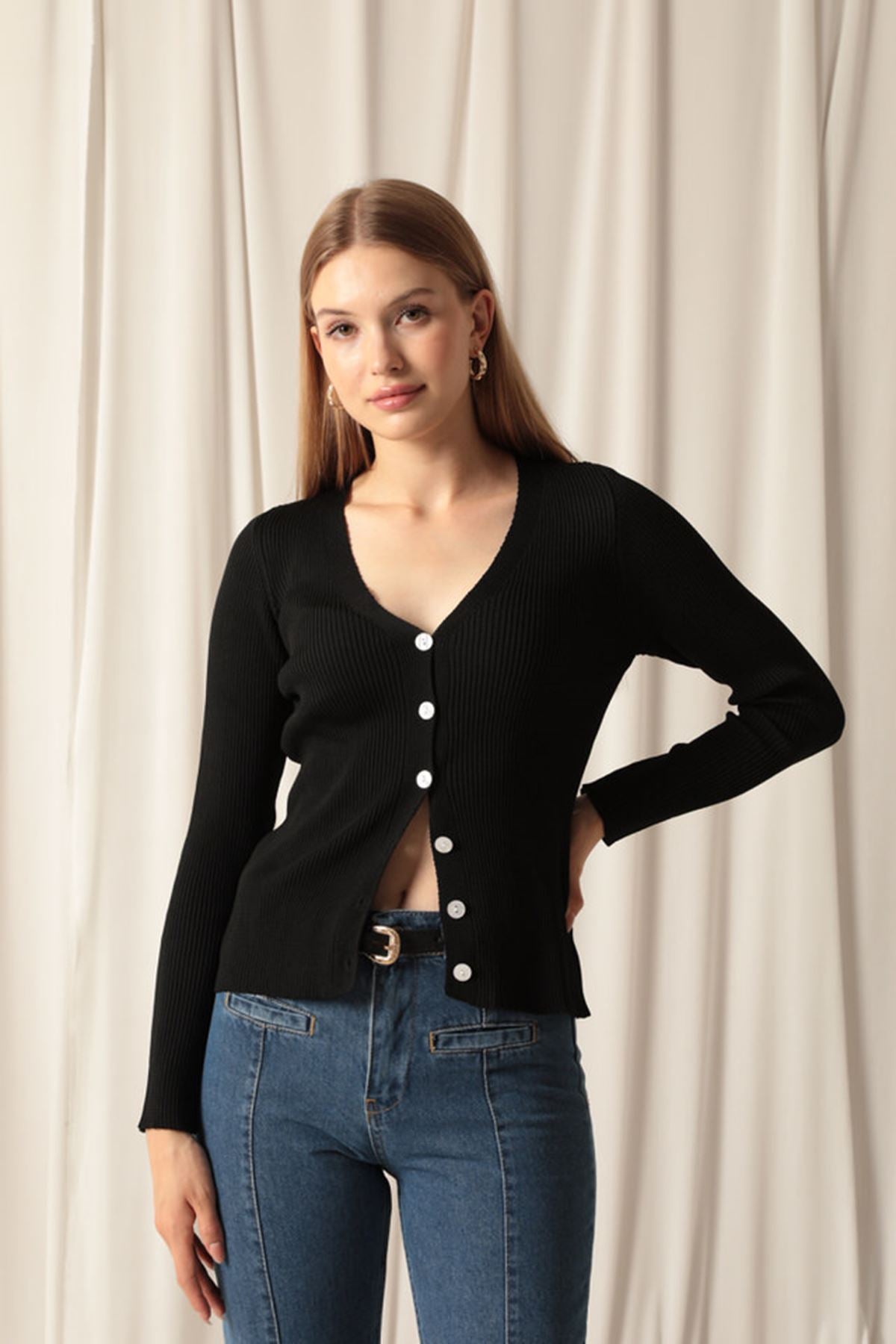 Knitwear Fabric Buttoned Women's Black Cardigan - STREETMODE ™