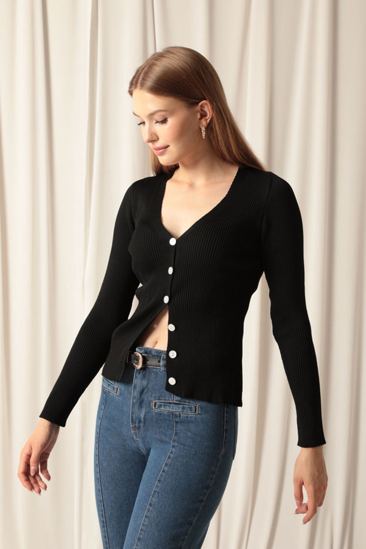 Knitwear Fabric Buttoned Women's Black Cardigan - STREETMODE ™