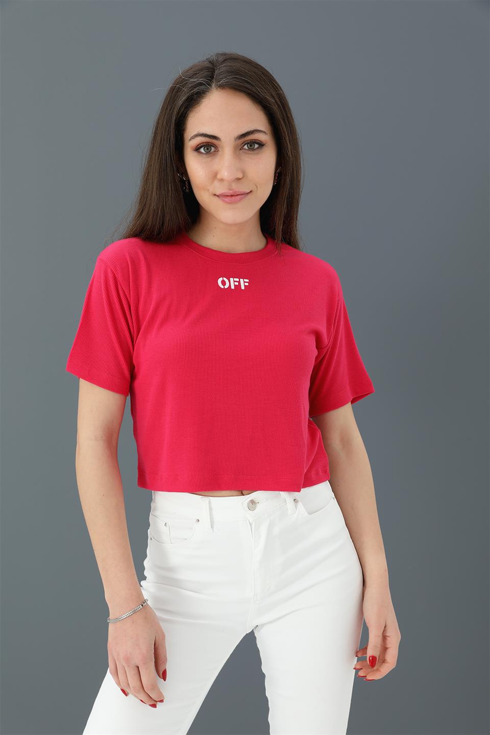 Women's Tshirt Crop Crew Neck Printed Off - Fuchsia - STREETMODE ™