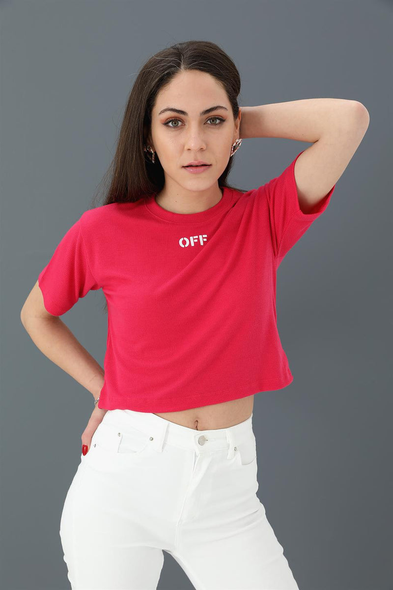 Women's Tshirt Crop Crew Neck Printed Off - Fuchsia - STREETMODE ™