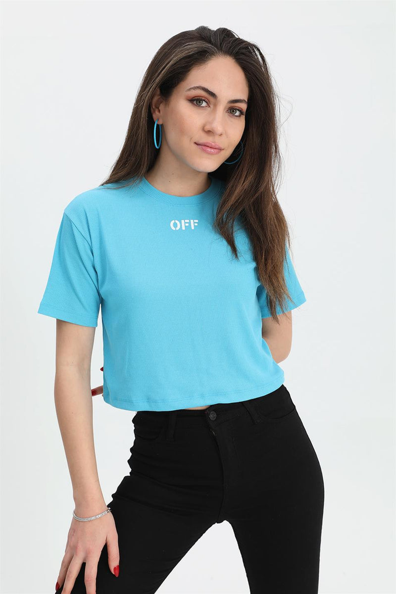 Women's Tshirt Crop Crew Neck Off Written - Blue - STREETMODE ™