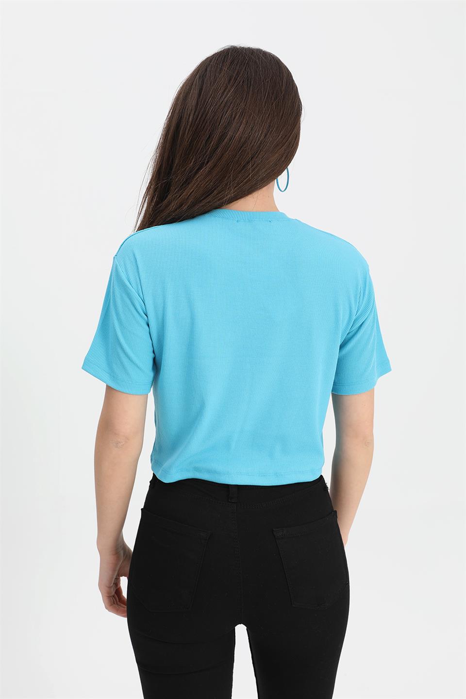 Women's Tshirt Crop Crew Neck Off Written - Blue - STREETMODE ™