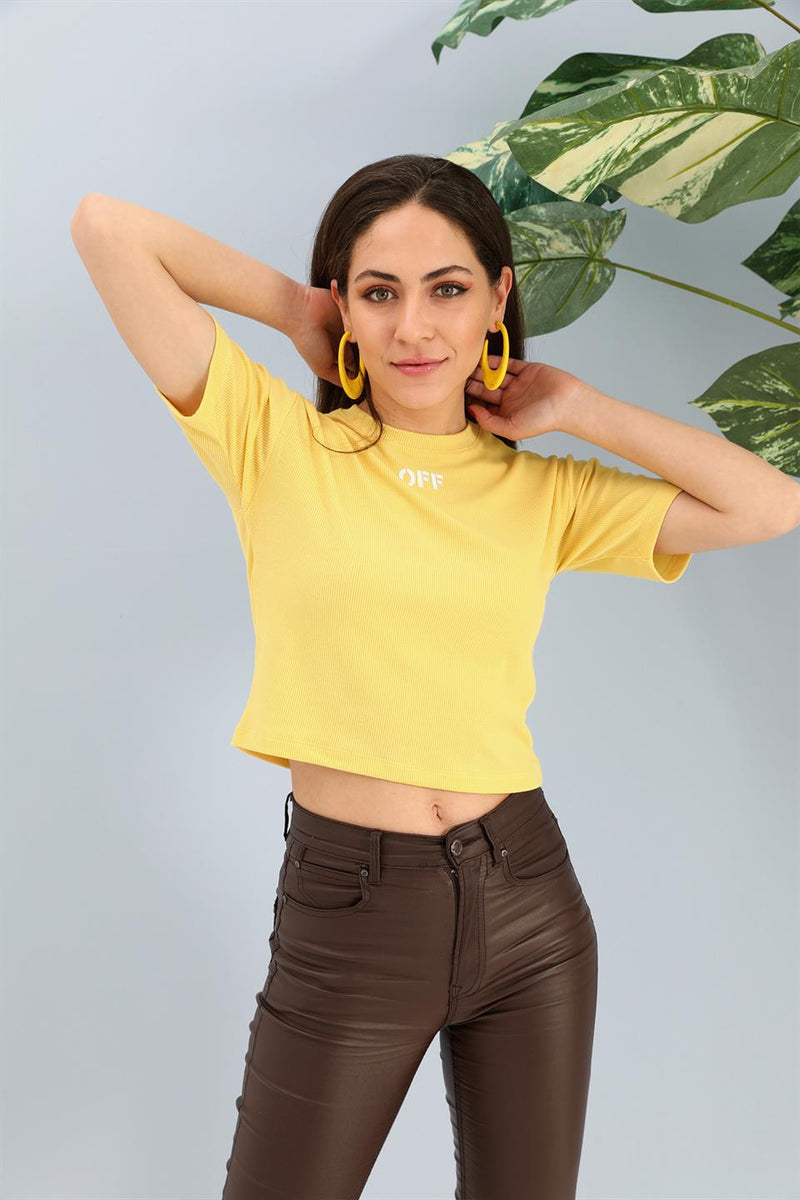 Women's Tshirt Crop Crew Neck Off Written - Yellow - STREETMODE ™