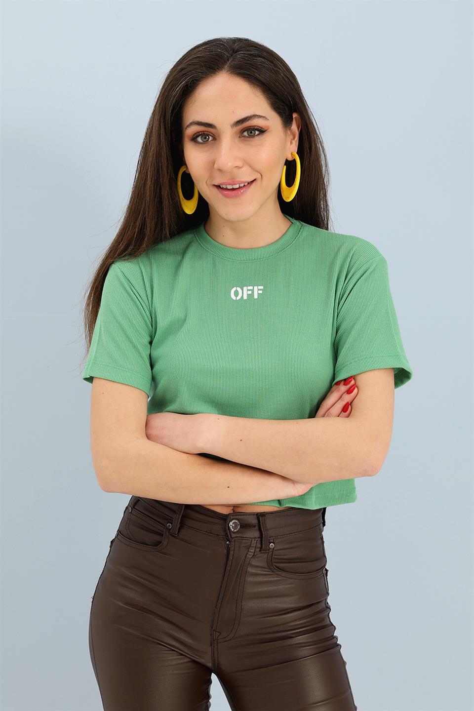 Women's Tshirt Crop Crew Neck Off Print - Green - STREETMODE ™
