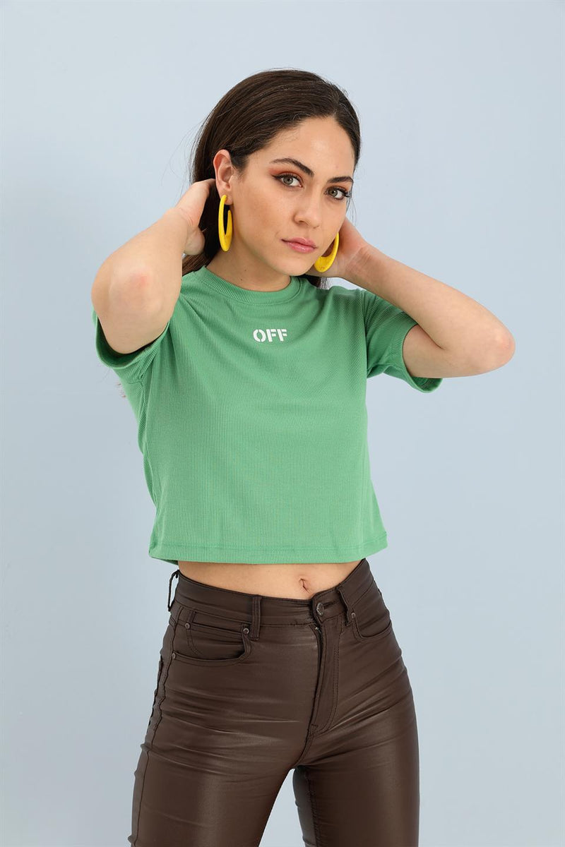 Women's Tshirt Crop Crew Neck Off Print - Green - STREETMODE ™