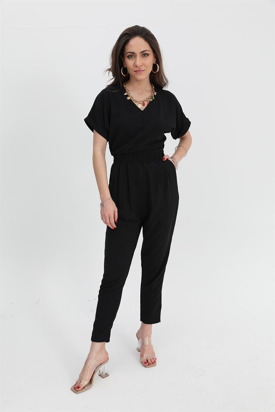 Elastic Waist, Low-cut Back V-Neck Women's Jumpsuit - Anthracite - STREETMODE ™