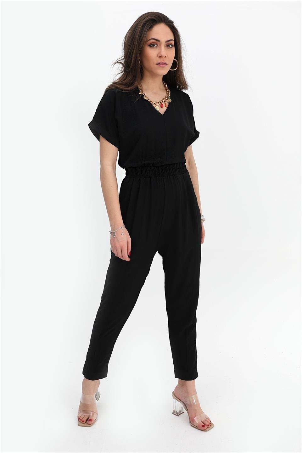 Elastic Waist, Low-cut Back V-Neck Women's Jumpsuit - Anthracite - STREETMODE ™