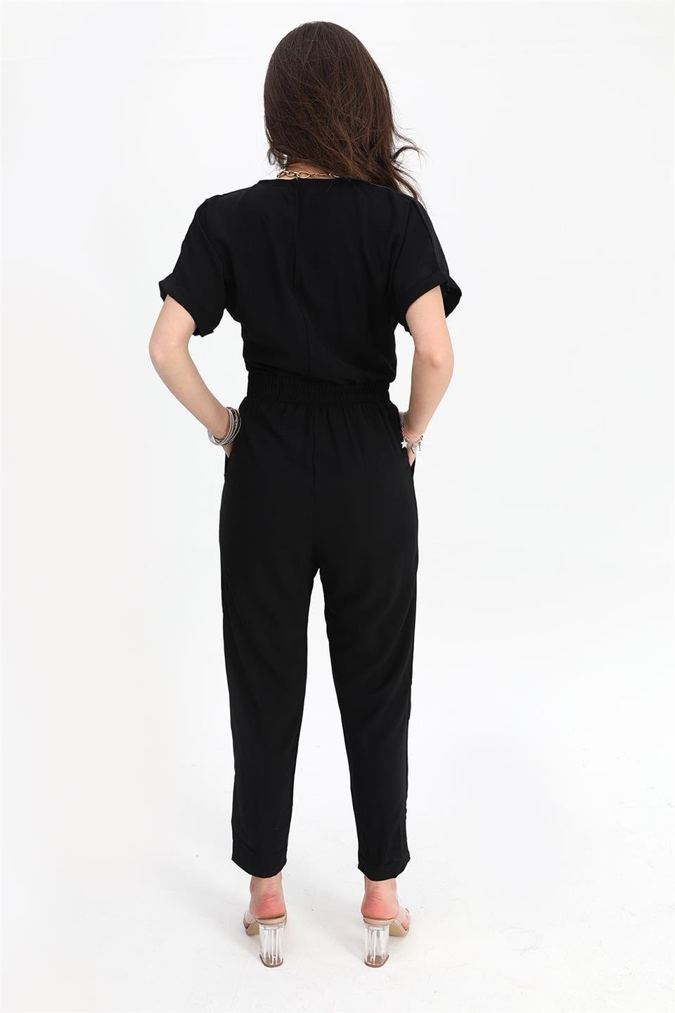 Elastic Waist, Low-cut Back V-Neck Women's Jumpsuit - Anthracite - STREETMODE ™