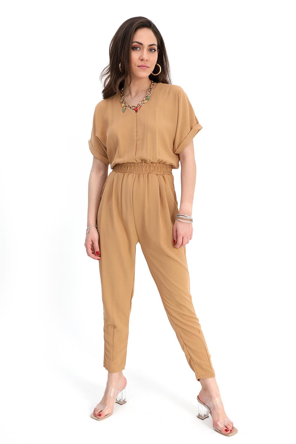 Women's Jumpsuit Elastic Waist Low-Cut Back V-Neck - Mink - STREET MODE ™