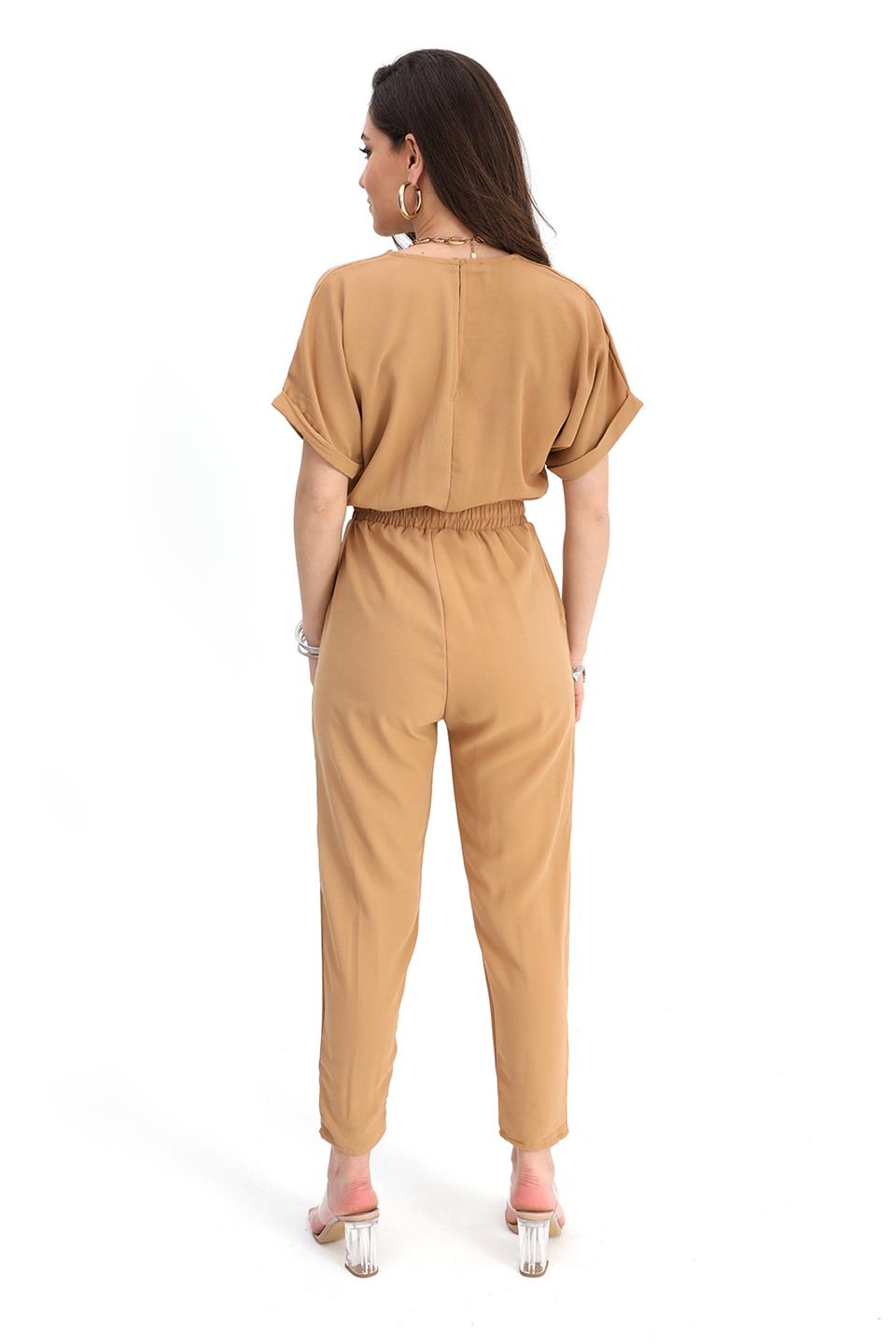 Women's Jumpsuit Elastic Waist Low-Cut Back V-Neck - Mink - STREET MODE ™