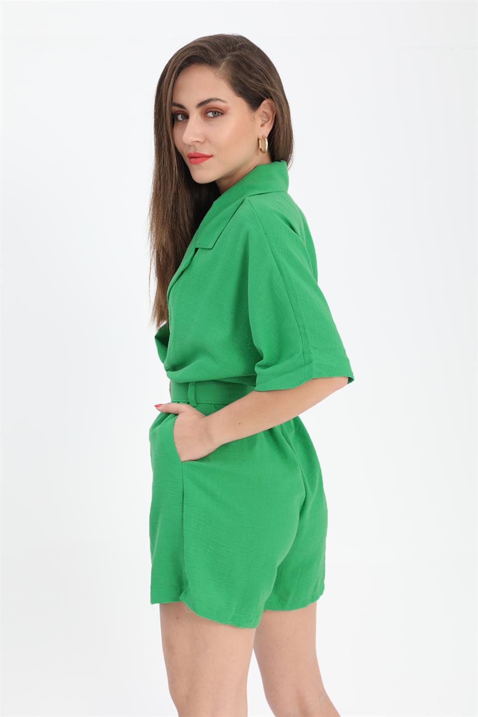 Women's Jumpsuit Elastic Waist Bat Sleeve Linen - Green - STREET MODE ™