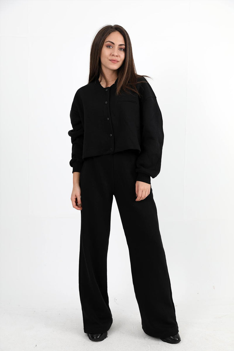 Women's Three Thread Snap Jacket and Trousers Set - Black - STREETMODE ™