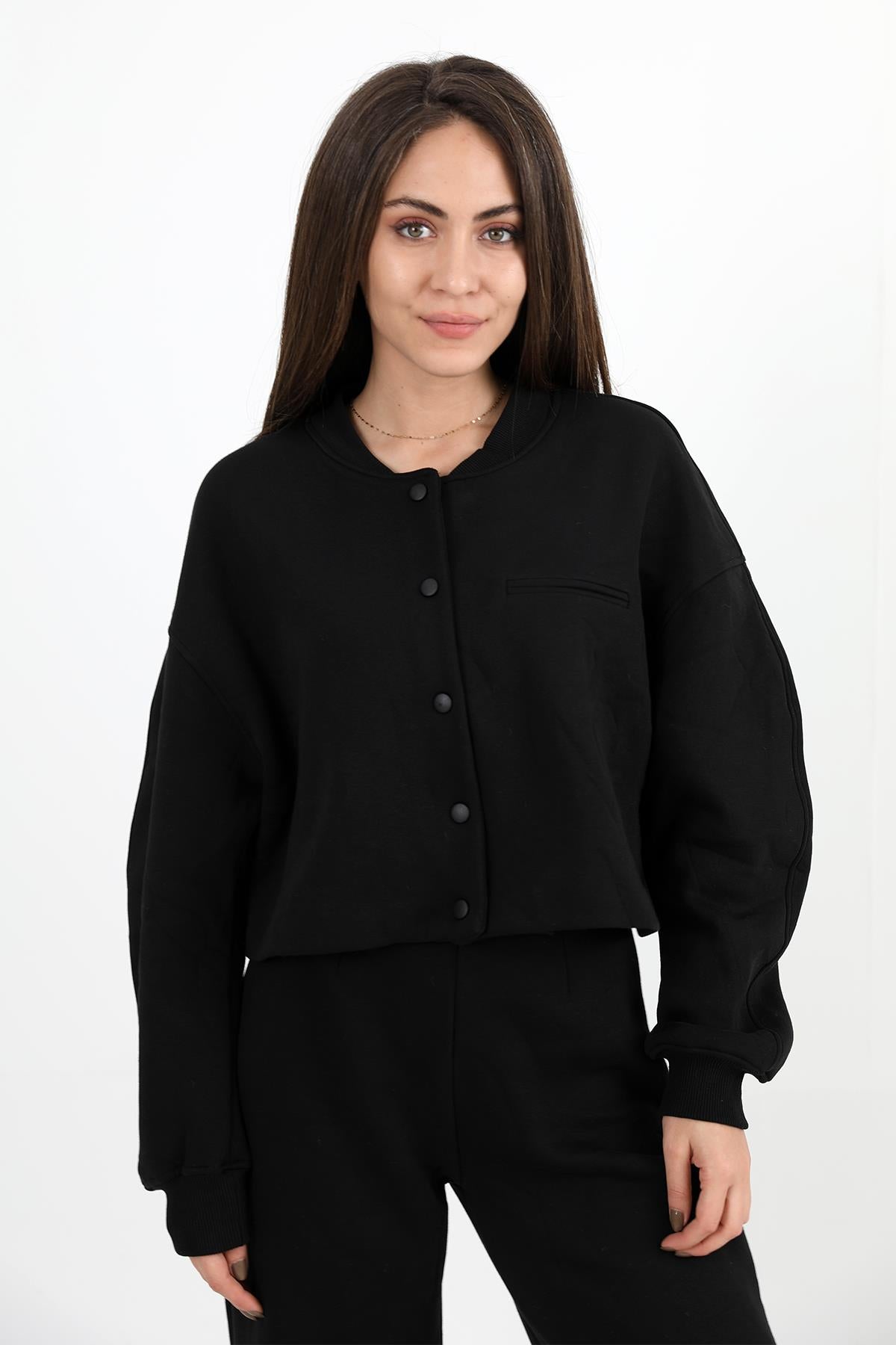 Women's Three Thread Snap Jacket and Trousers Set - Black - STREETMODE ™