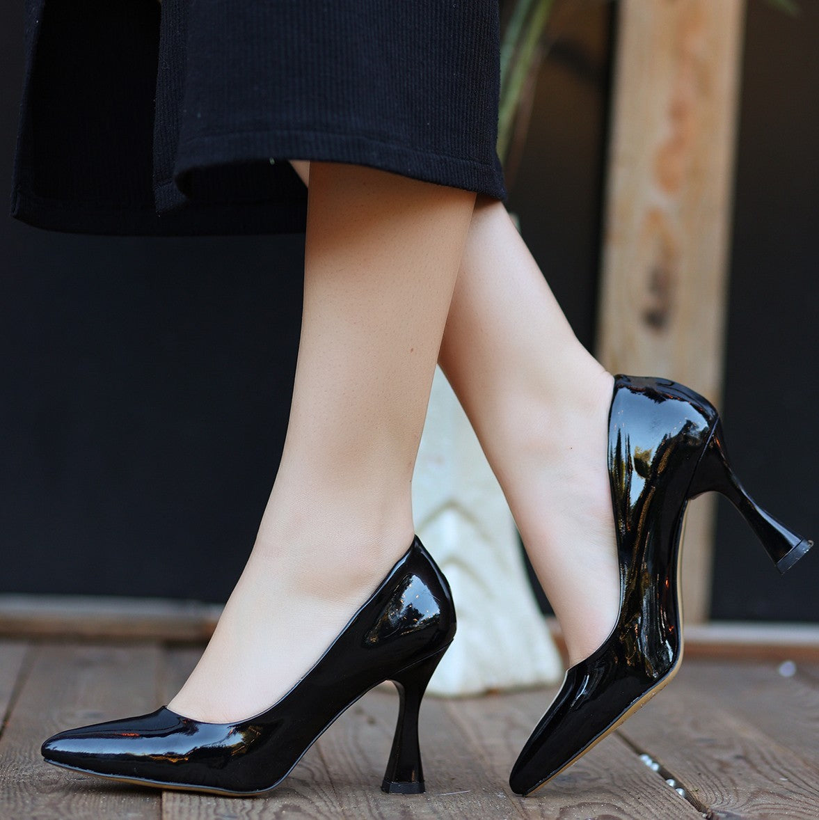 Women's Black Patent Leather Stiletto Shoes - STREETMODE ™