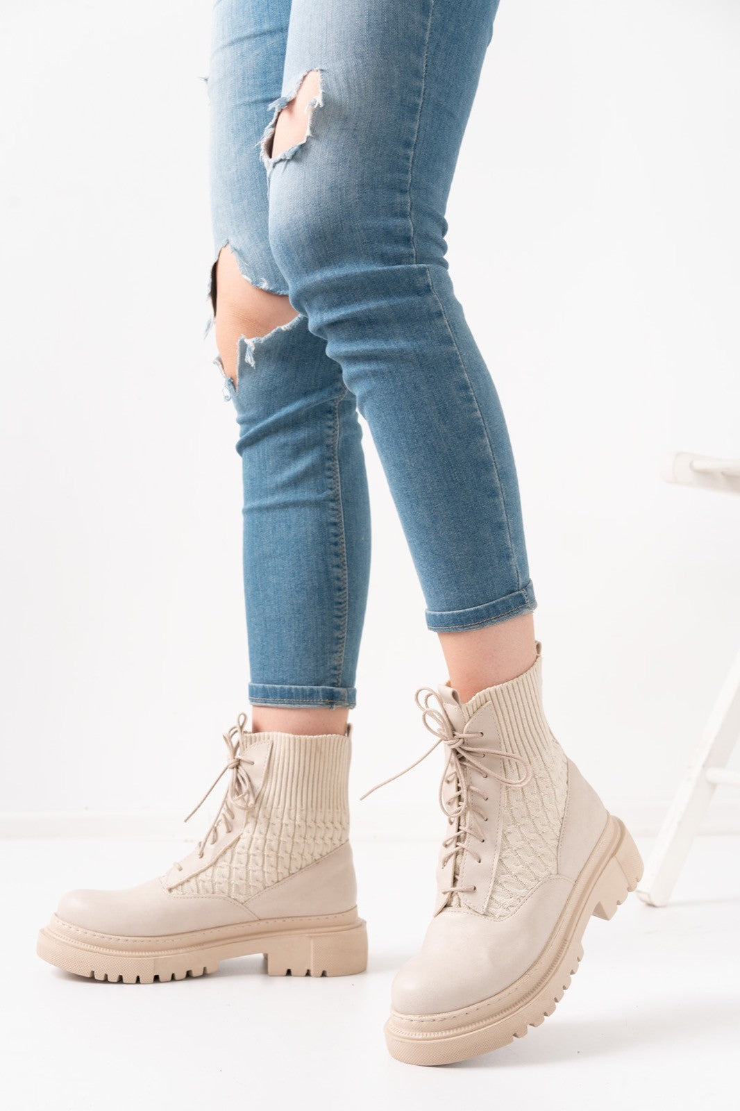 Women's Utag Beige Leather Laced Boots - STREETMODE ™