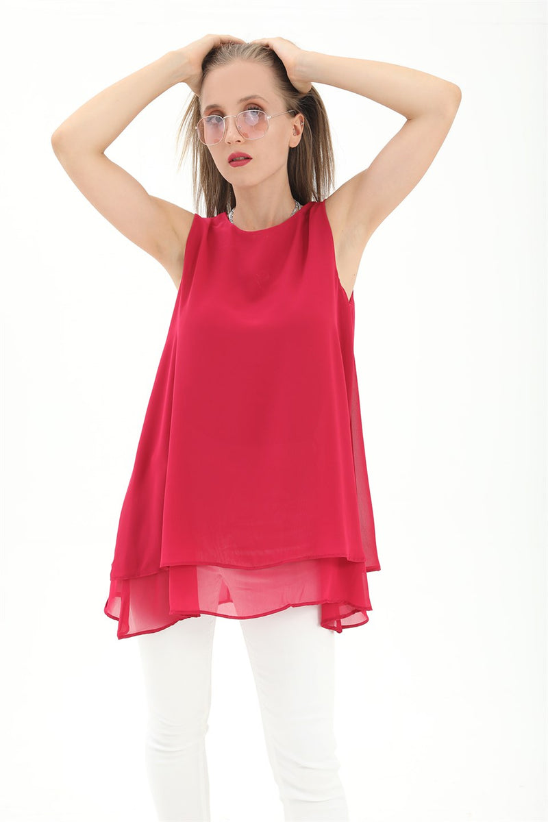 Women's Long Chiffon Sleeveless Blouse - Fuchsia - STREETMODE ™