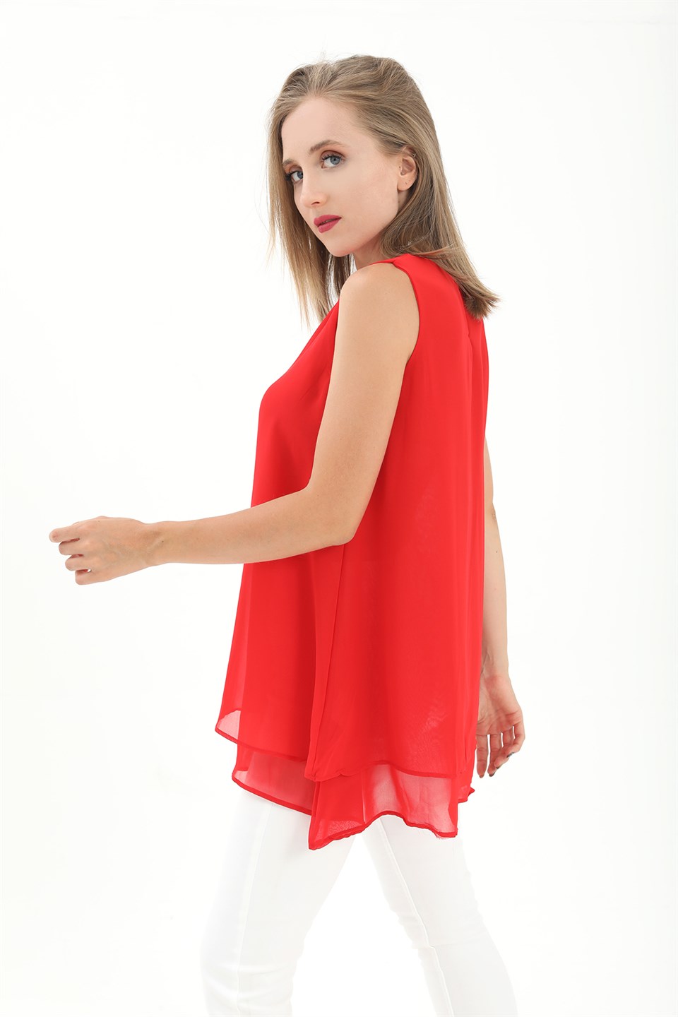 Women's Long Chiffon Sleeveless Blouse - Red - STREETMODE ™